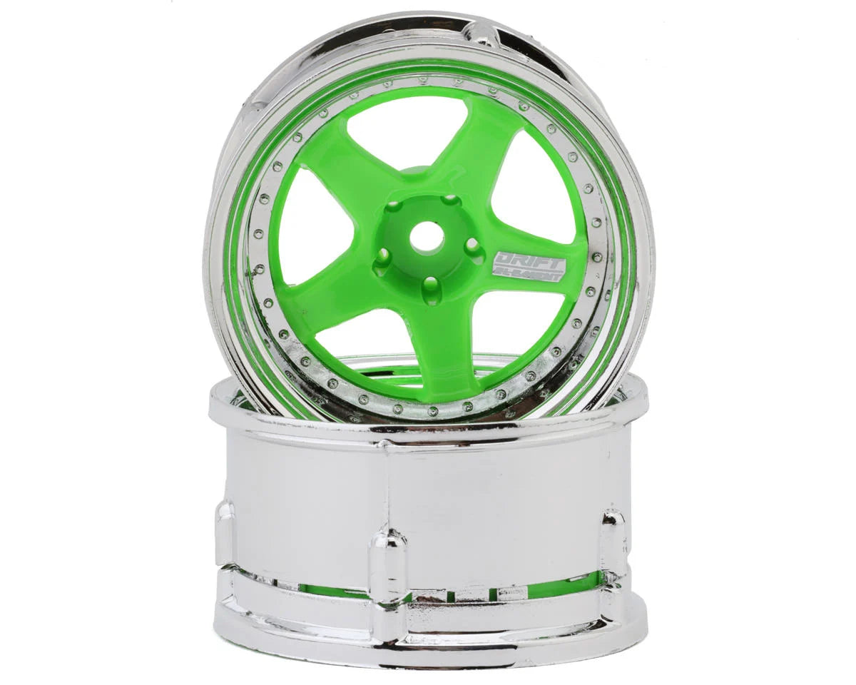 DS Racing Drift Element 5 Spokes Drift Wheel (Flu Green/Chrome Lip & Rivets) (Adjustable Offset) (2) w/12mm Hex