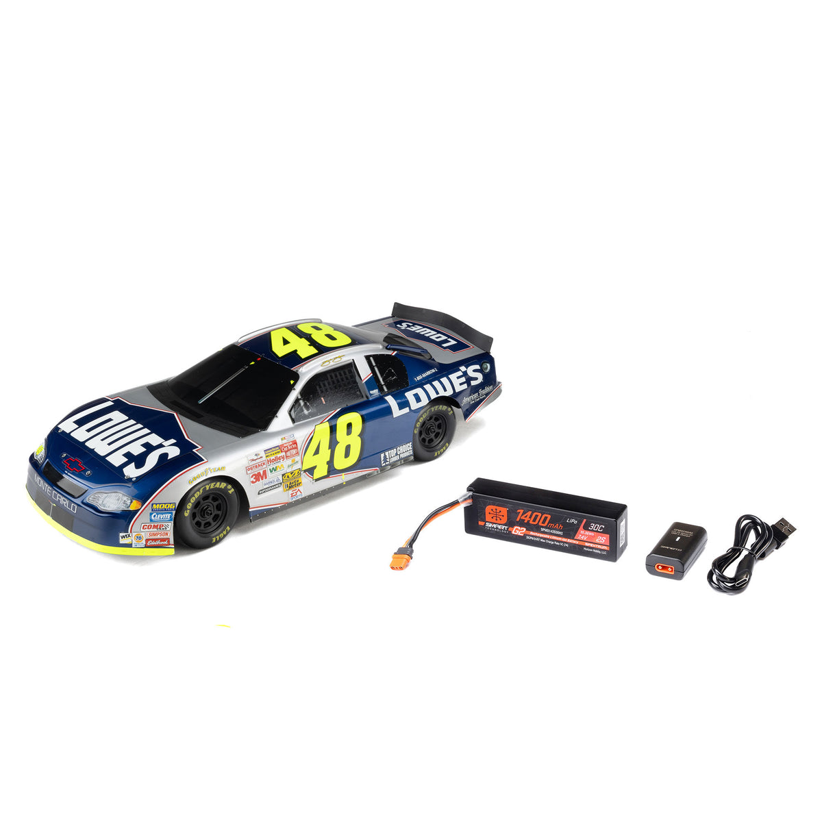 1/12 NASCAR RC Racecar Jimmie Johnson No. 48 Lowes Chevrolet Monte Carlo, NASCAR 2S AWD RTR Brushed On-Road (Battery & Charger Included), Blue