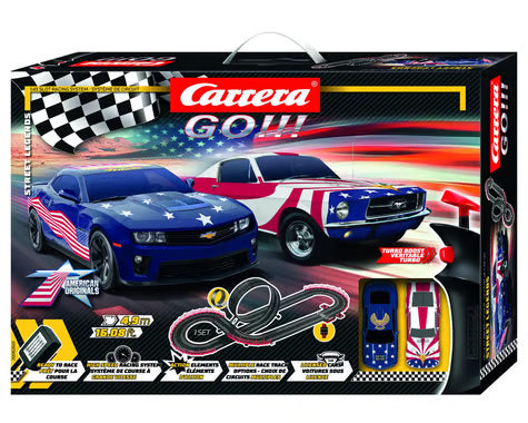 CCN62601 Carrera GO!!! Street Legends 1/43 Slot Car Racing Track Set w/Ford Mustang & Chevrolet Camaro Stars 'n Stripes Cars