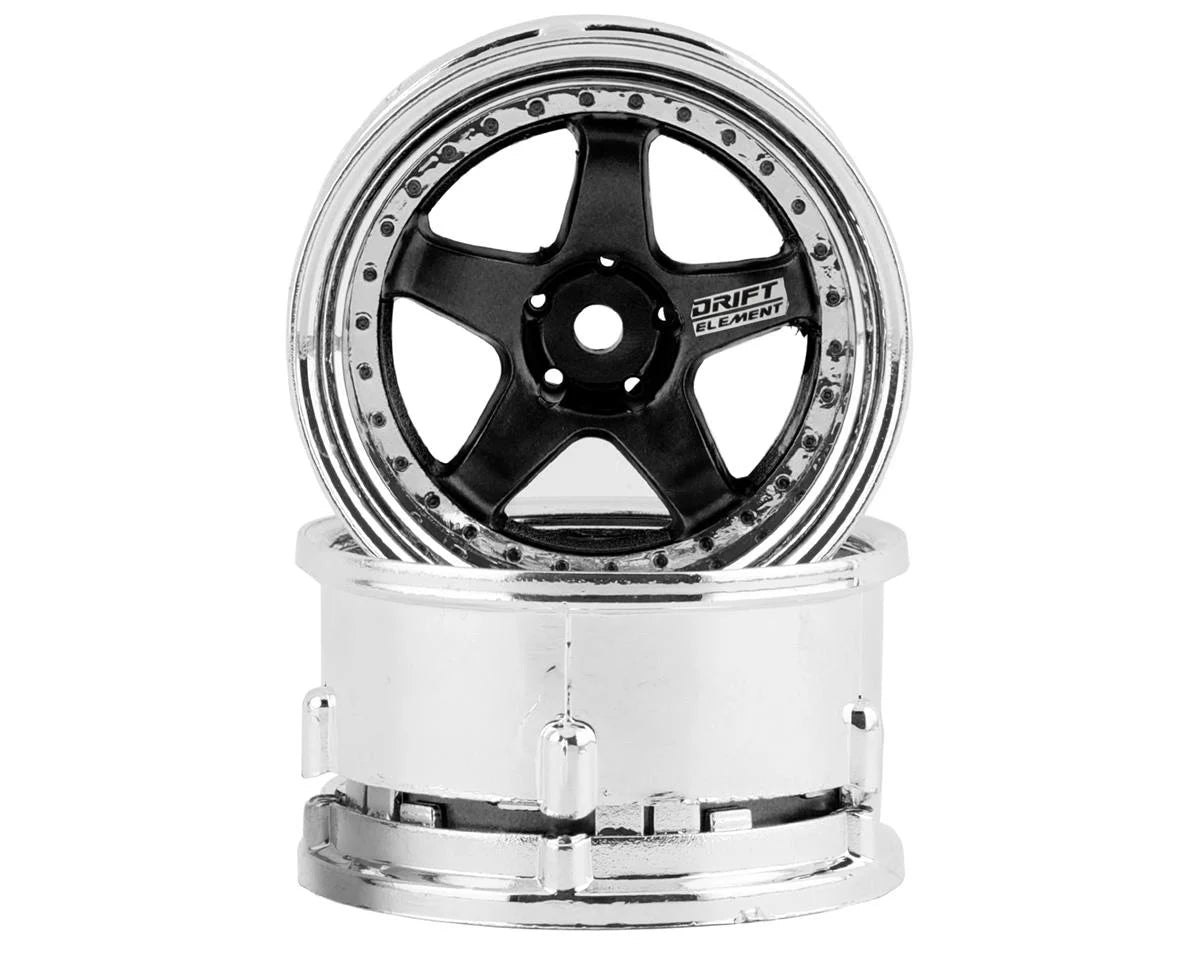 DS Racing Drift Element 5 Spoke Drift Wheels (Black & Chrome w/Black Rivets) (2) (Adjustable Offset) w/12mm Hex